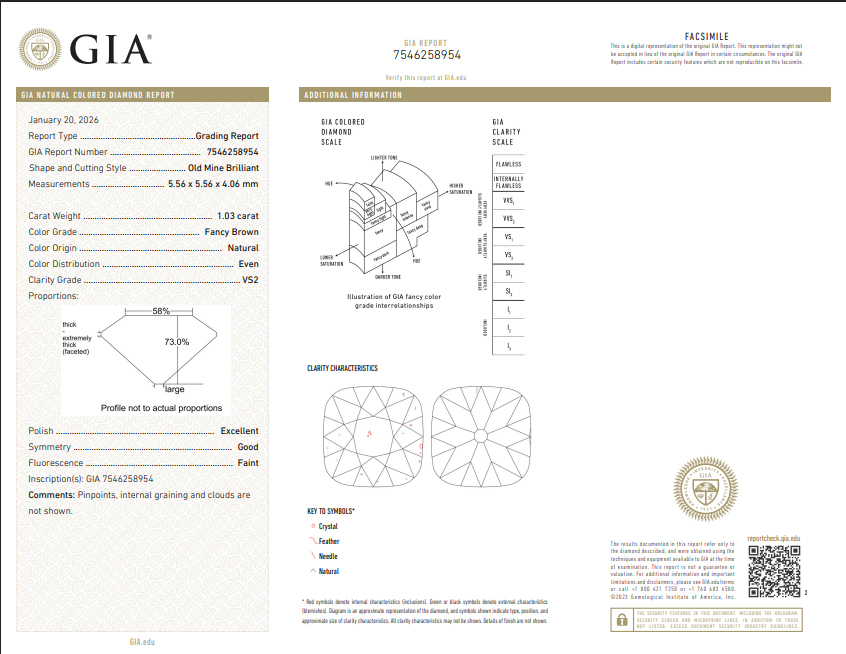 1.03 CT GIA Old Mine Brilliant Natural Diamond Fancy Brown VS2