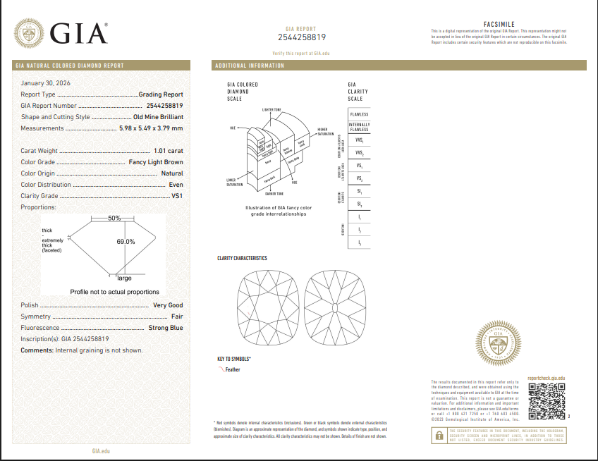 1.01 CT GIA Old Mine Brilliant Natural Diamond Fancy Light Brown VS1