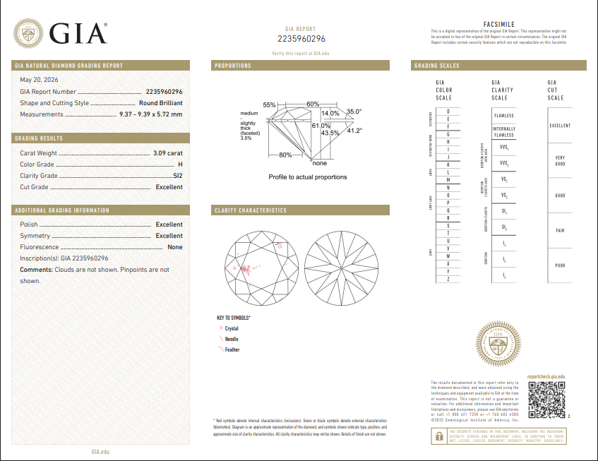 3.09 CT GIA Round Brilliant Natural Diamond H SI2