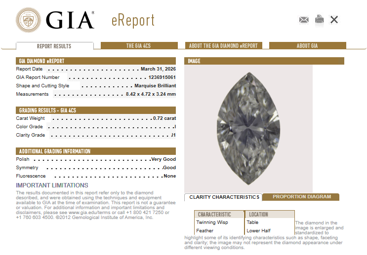 0.72 CT GIA Marquise Brilliant Natural Diamond I I1