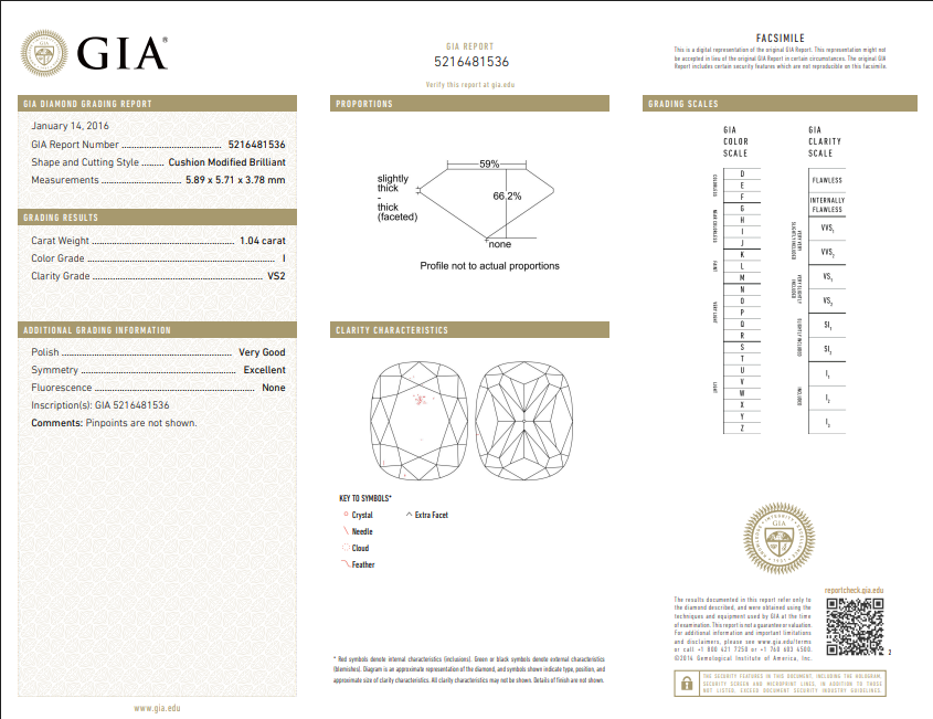1.04 CT GIA Cushion Modified Brilliant Natural Diamond I VVS2