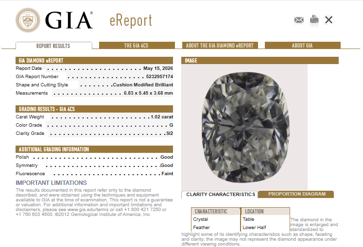 1.02 CT GIA Cushion Modified Brilliant Natural Diamond G SI2