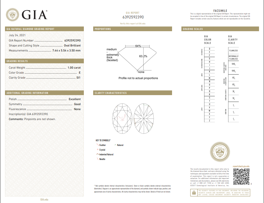 1.00 CT GIA Oval Brilliant Natural Diamond E SI1