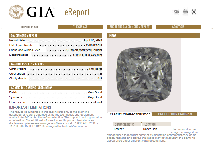 1.01 CT GIA Cushion Modified Brilliant Natural Diamond H SI2