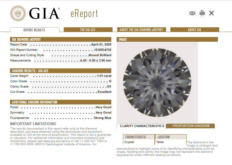 1.01 CT GIA Round Brilliant Natural Diamond H SI1