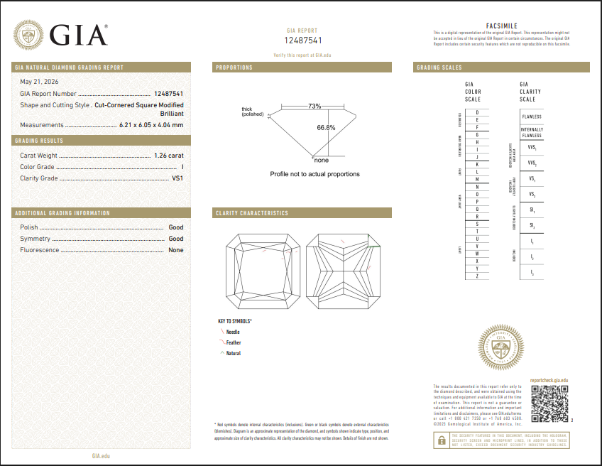 1.26 CT GIA Radiant Cut Natural Diamond I VS1