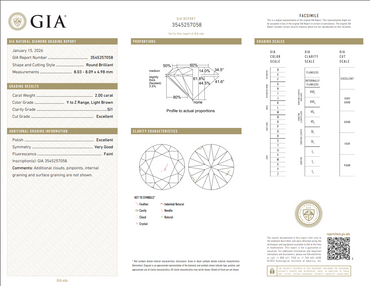 GIA 2.00 CT Natural Round Brilliant YZ Light Brown SI1 EX EX VG