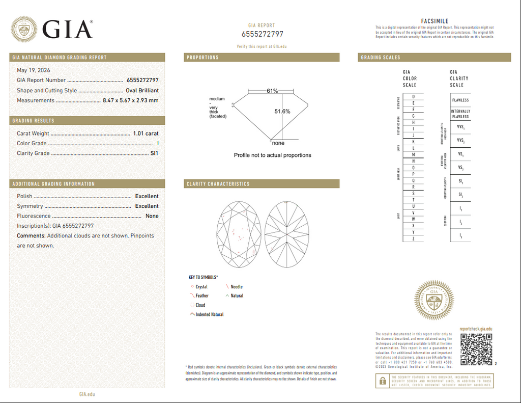 GIA 1.01 CT Natural Oval Brilliant I SI1 EX EX