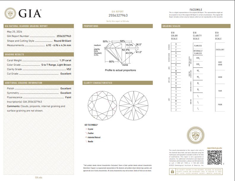GIA 1.29 CT Natural Round Brilliant ST Light Brown VS2 XXX