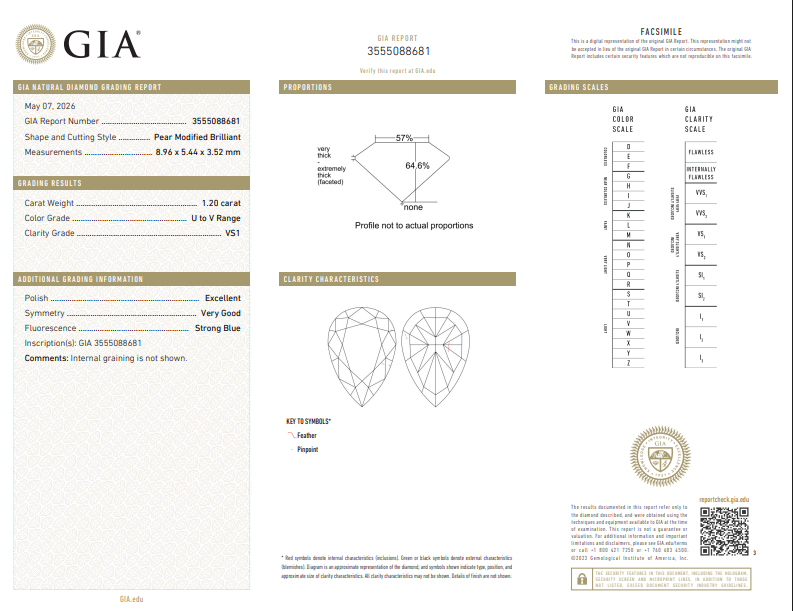 GIA 1.20 CT Natural Pear Modified Brilliant U-V VS1 EX VG