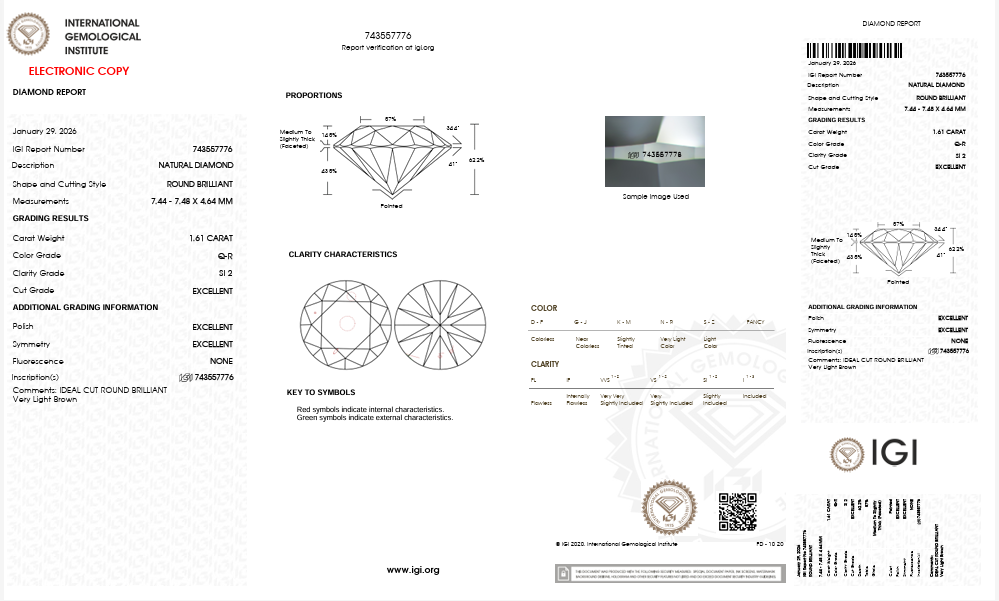 IGI 1.61 CT Natural Round Brilliant Q-R SI2 EX EX EX