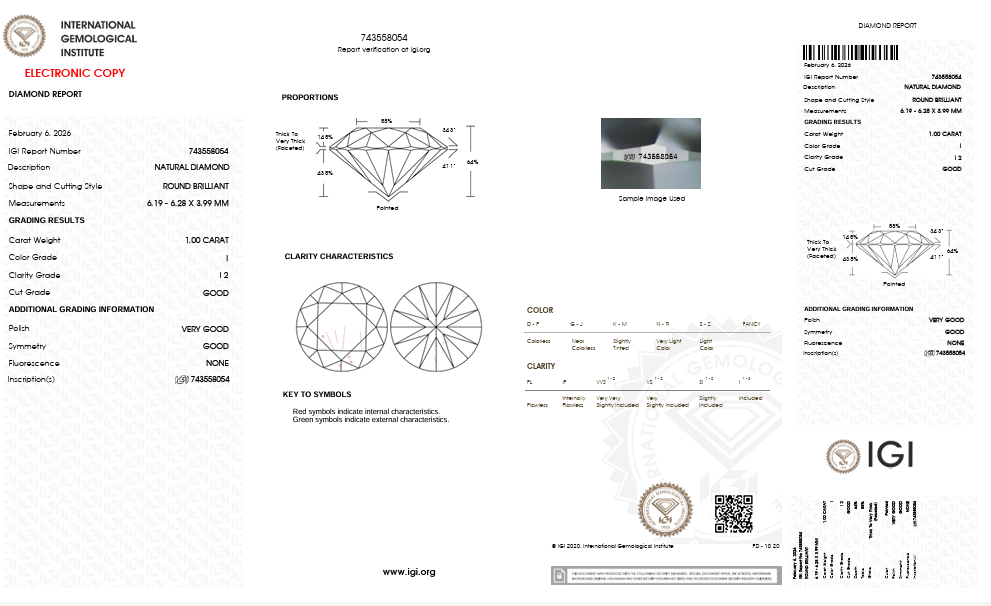 IGI 1.00 CT Natural Round Brilliant I I2