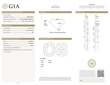 GIA 1.01 CT Natural Cushion L Faint Brown SI2 XX