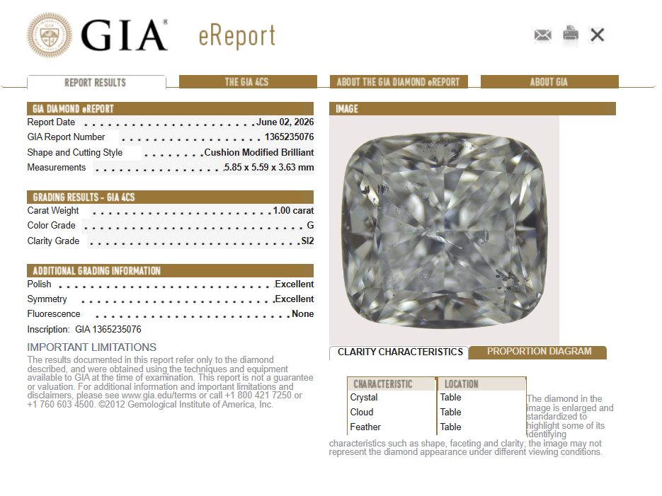 GIA 1.00 CT Natural Cushion G SI2 EX EX