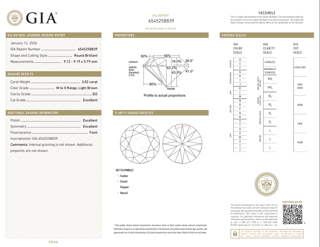 GIA 3.02 CT Natural Round Brilliant W-X Light Brown SI2 XXX