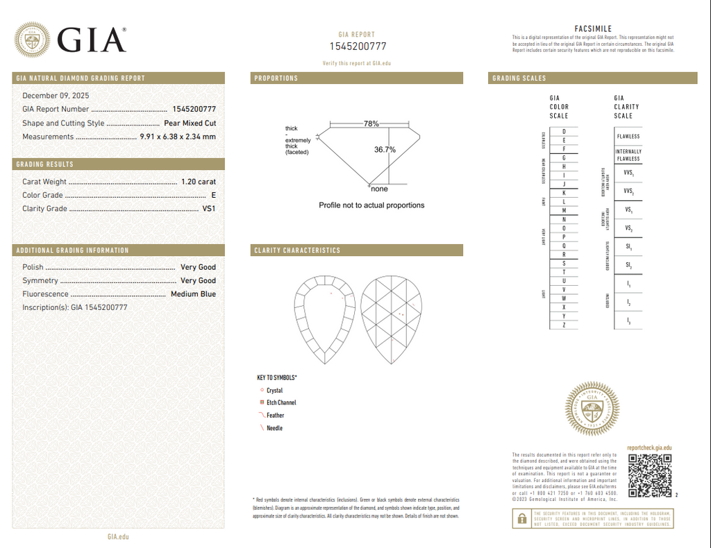 GIA 1.20 CT Natural Pear Mixed Cut E VS1 VG VG