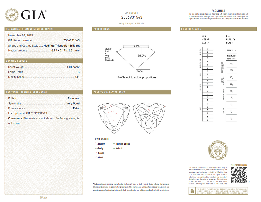GIA 1.01 CT Natural Trilliant Cut G SI1 EX VG