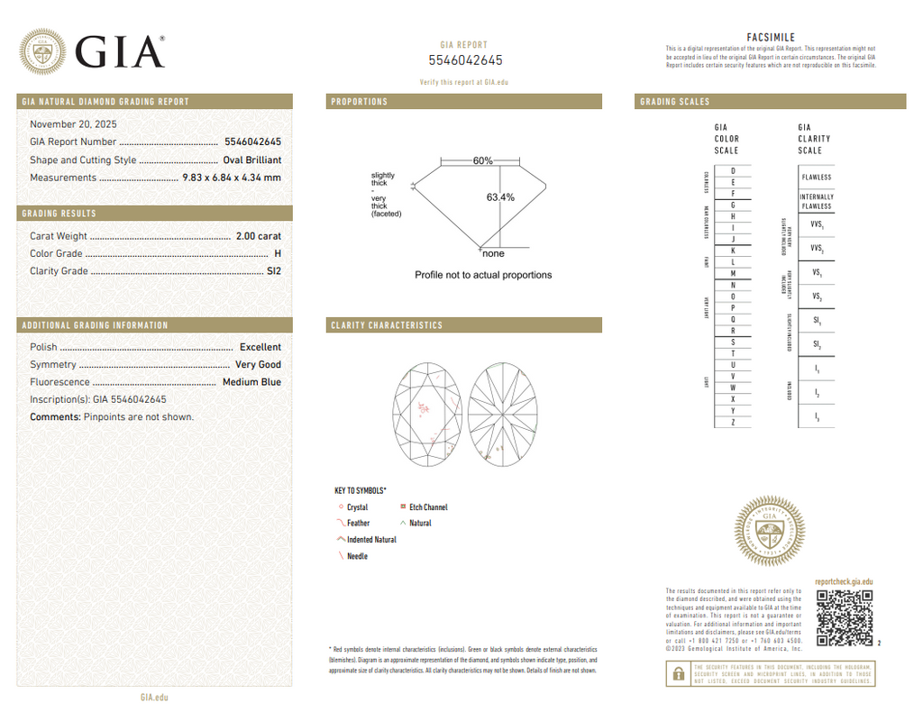 GIA 2.00 CT Natural Oval Brilliant H SI2 EX VG