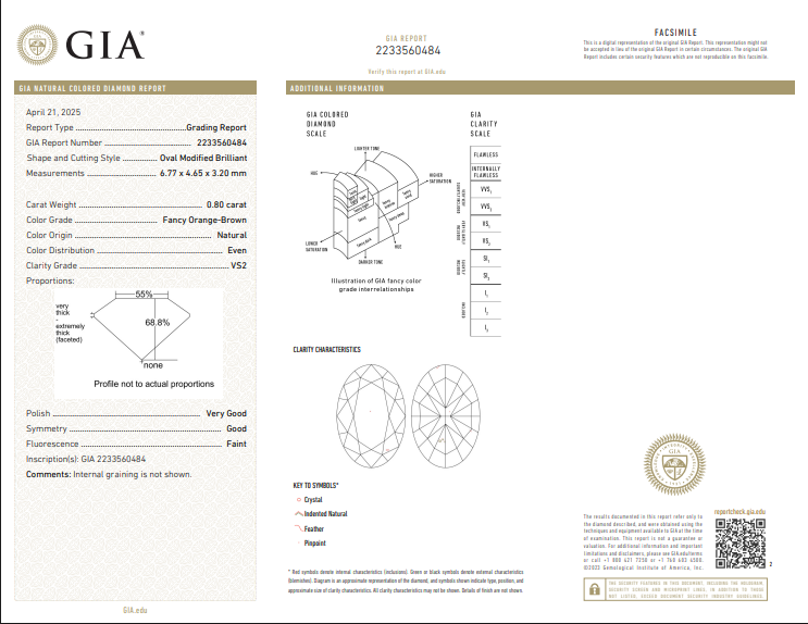 GIA 0.80 CT Oval MB Fancy Orange-Brown VS2