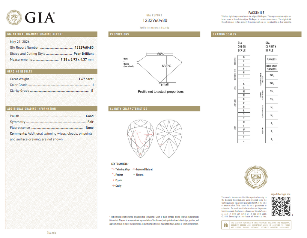 GIA 1.67 CT Natural Pear Brilliant I I1