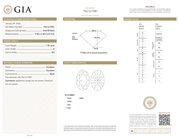 GIA 1.70 CT Natural Oval Brilliant Cut H SI2 XX