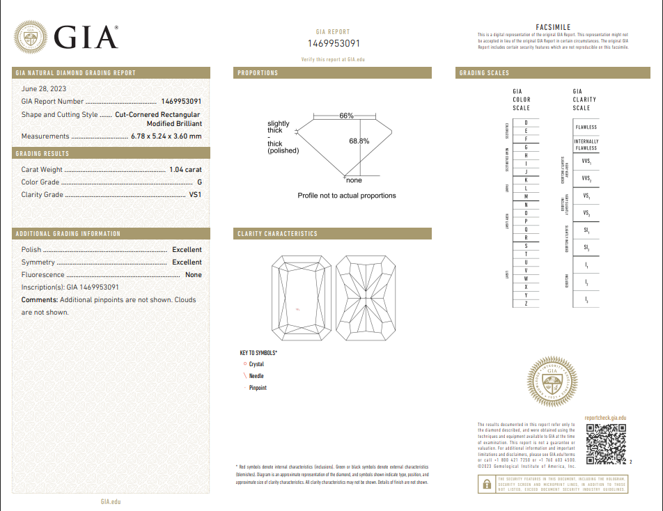 GIA 1.04 CT Natural Radiant G VS1 XX