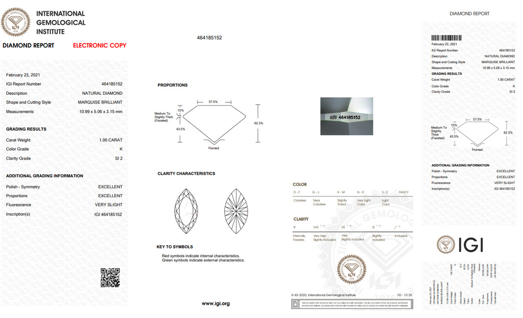 IGI 1.00 CT Natural MQ Cut Ring K SI2 XX 14k Gold 1.95g