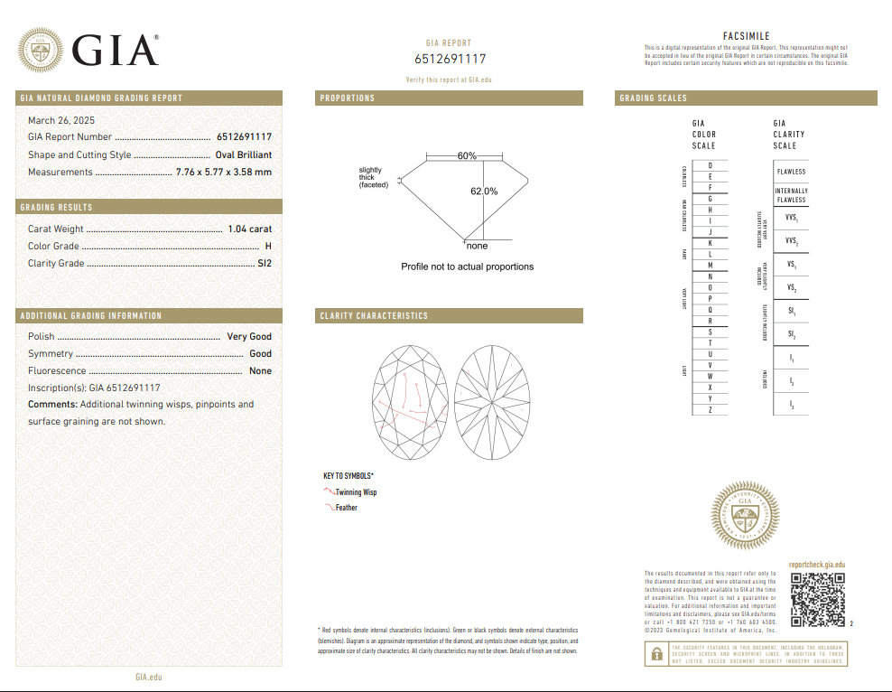 GIA 1.04 CT Natural Oval Brilliant H SI2