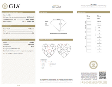 GIA 1.00 CT Natural Heart Brilliant I SI2 EX VG
