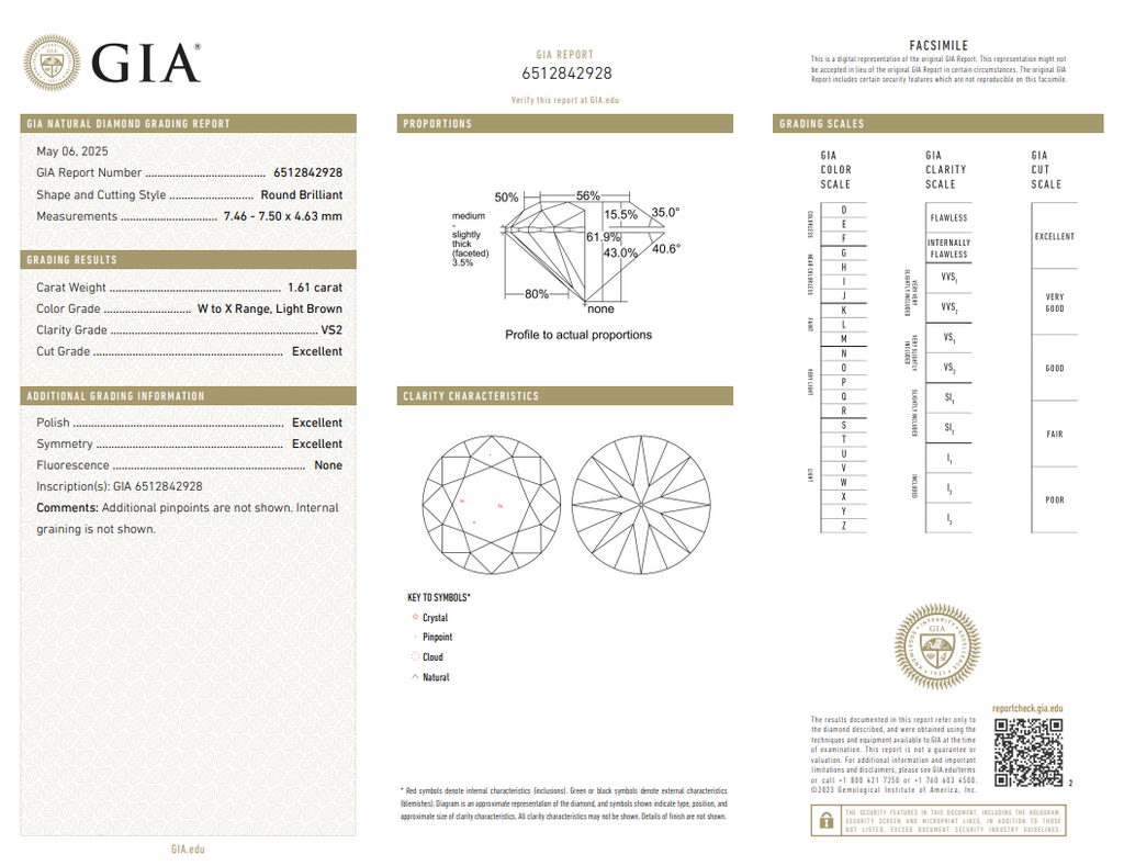 GIA 1.61 CT Natural Round Cut WX Light Brown VS2 XXX