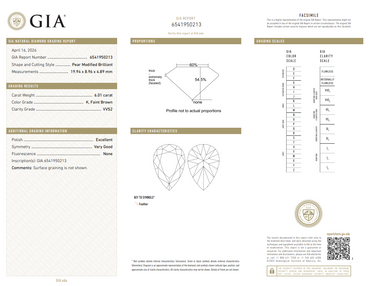 GIA 6.01 CT Natural Pear Modified Brilliant K VVS2 EX VG
