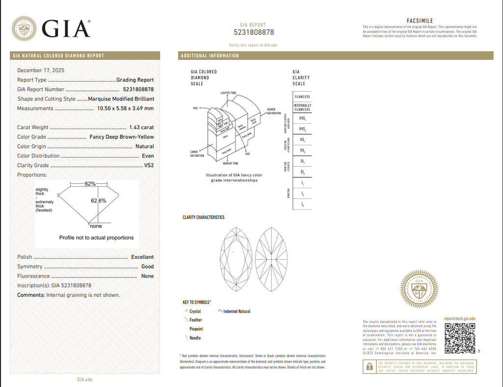 GIA 1.43 CT Natural Marquise Modified Brilliant Fancy Deep Brown-Yellow Even VS2