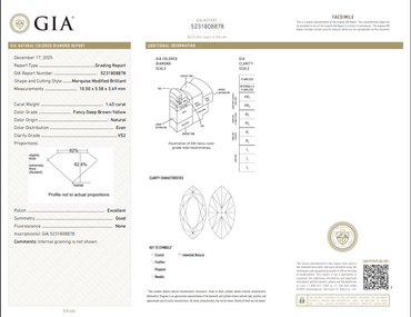 GIA 1.43 CT Natural Marquise Modified Brilliant Fancy Deep Brown-Yellow Even VS2