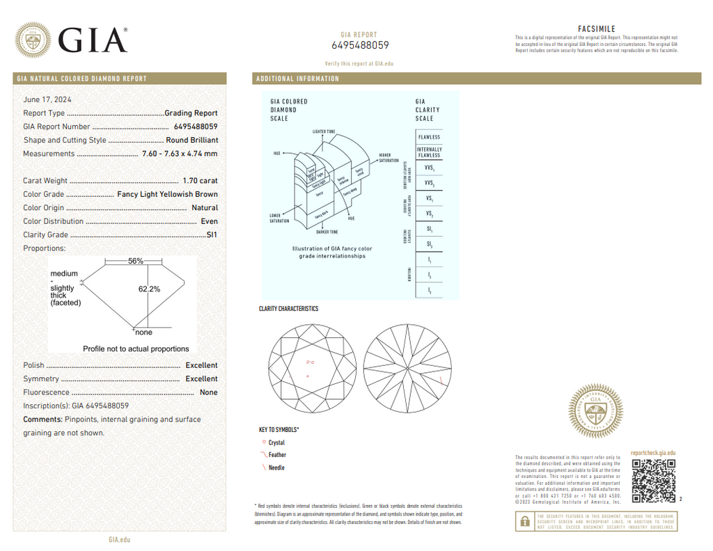 GIA 1.70 CT Natural RB Fancy Light Yellowish Brown SI1 XX