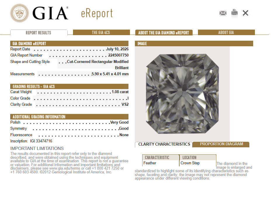 GIA 1.08 CT Natural Radiant I VS2