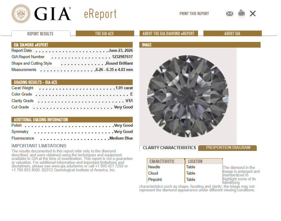 GIA 1.01 CT Natural Round Brilliant E VS1 Nice Make