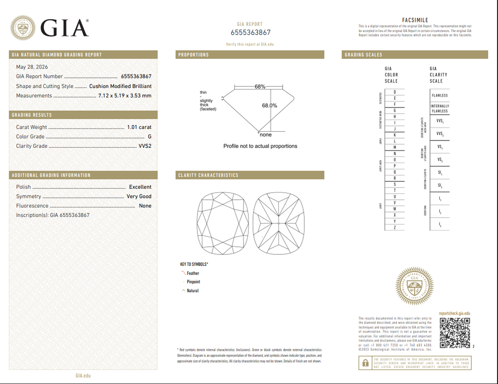 GIA 1.01 CT Natural Cushion Modified Brilliant G VVS2 EX VG