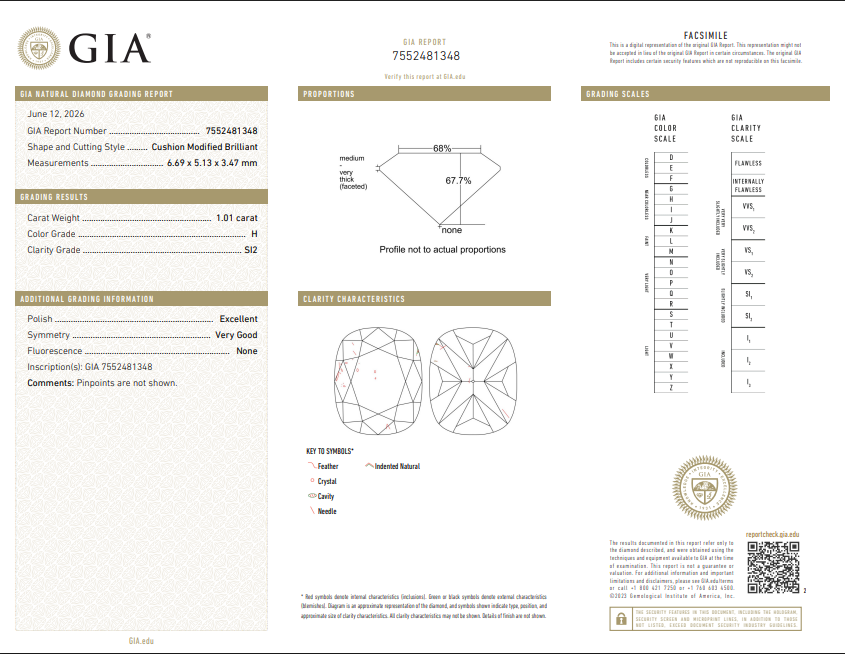 GIA 1.01 CT Natural Elongated Cushion Modified Brilliant H SI2 EX VG