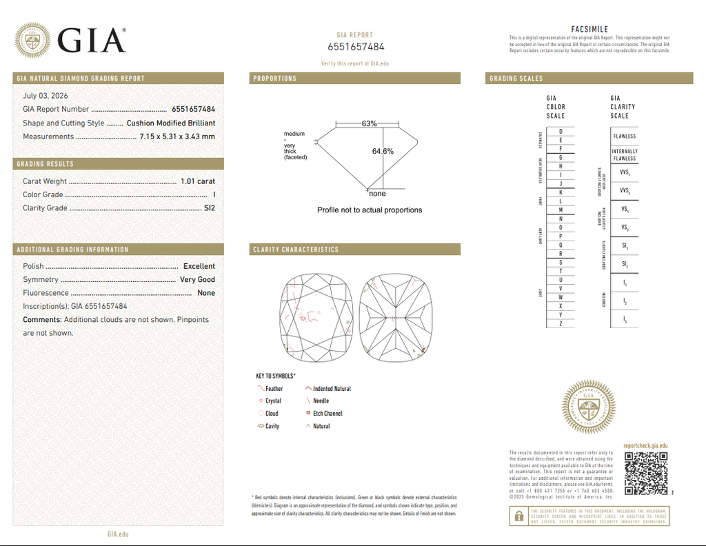 GIA 1.01 CT Natural Elongated Cushion Modified Brilliant I SI2 EX VG