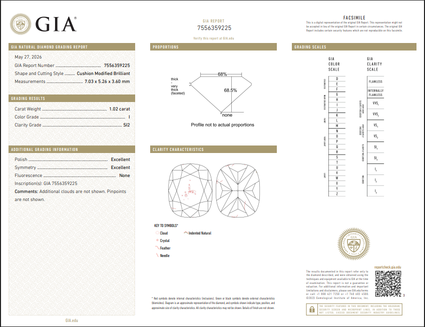 GIA 1.02 CT Natural Long Cushion Modified Brilliant I SI2 XX