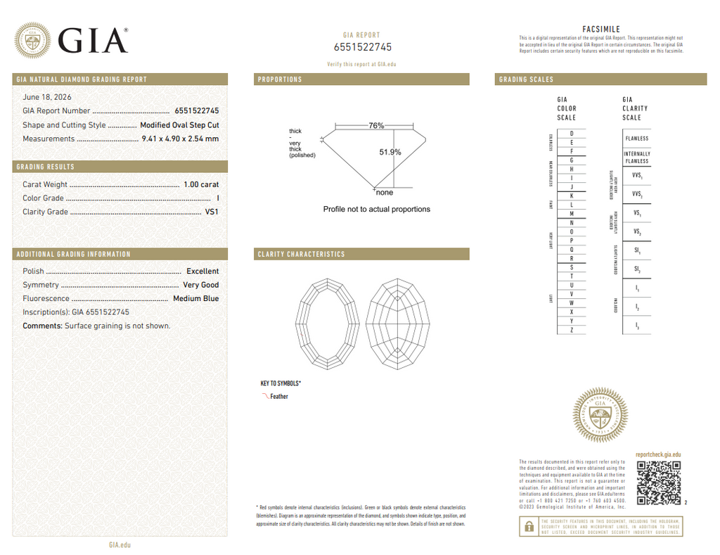 GIA 1.00 CT Natural Modified Oval Step Cut I VS1