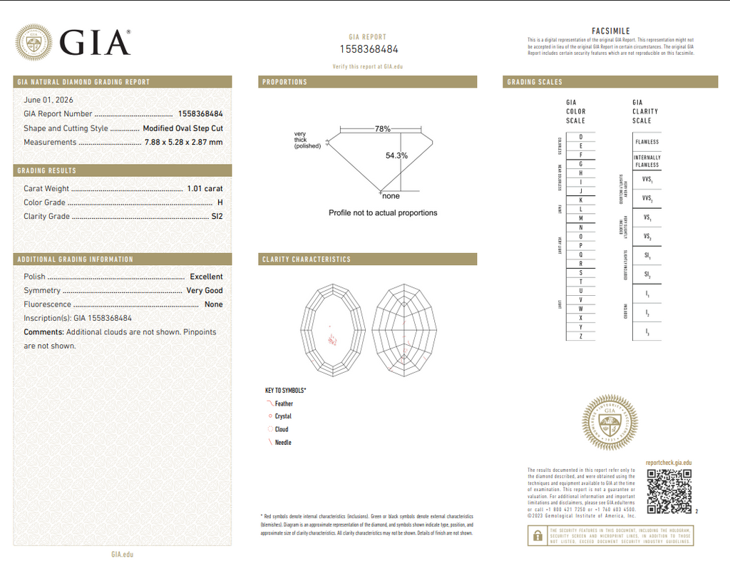 GIA 1.01 CT Natural Modified Oval Step Cut H SI2