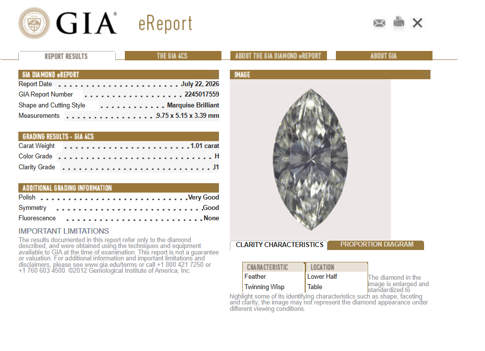GIA 1.01 CT Natural Marquise Brilliant Cut H I1