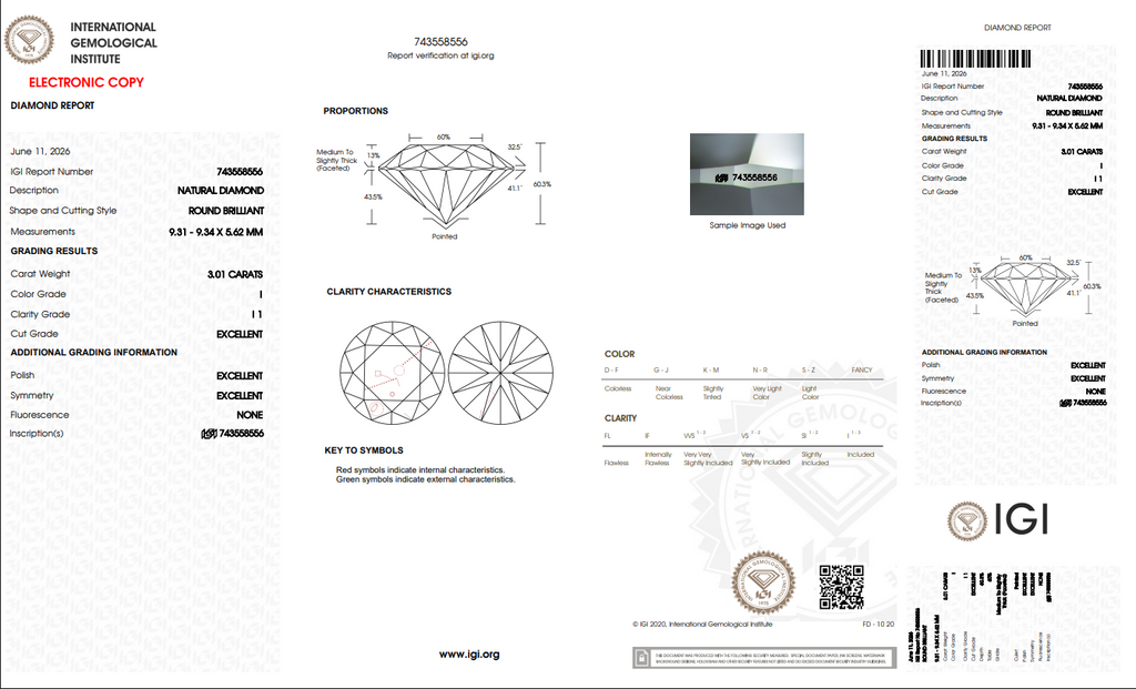 IGI XXX 3.01 CT Natural Round Brilliant I I1