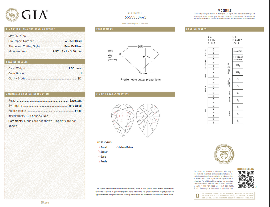 GIA 1.00 CT Natural Pear Brilliant J SI2