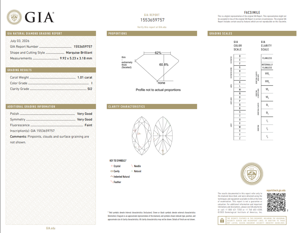 GIA 1.01 CT Natural Marquise Brilliant I SI2
