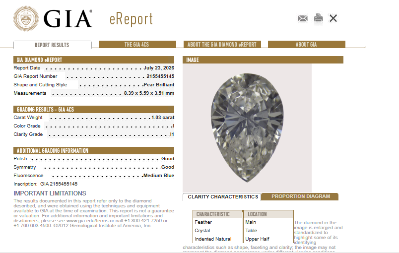 GIA 1.03 CT Natural Pear Brilliant I I1