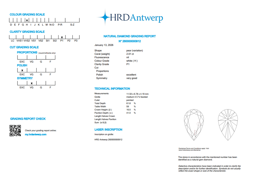 HRD 2.01 CT Natural Pear Brilliant H I1