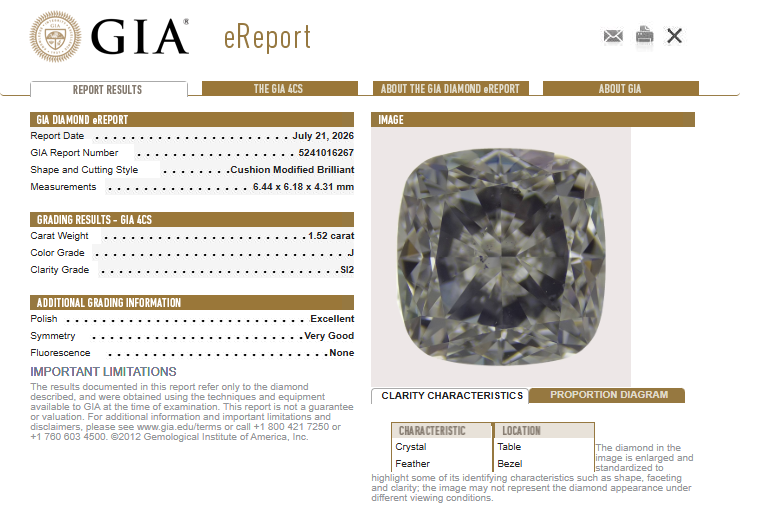 GIA 1.52 CT Natural Cushion Modified Brilliant J SI2 EX VG