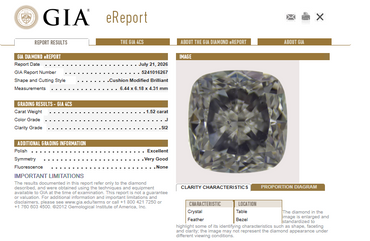 GIA 1.52 CT Natural Cushion Modified Brilliant J SI2 EX VG